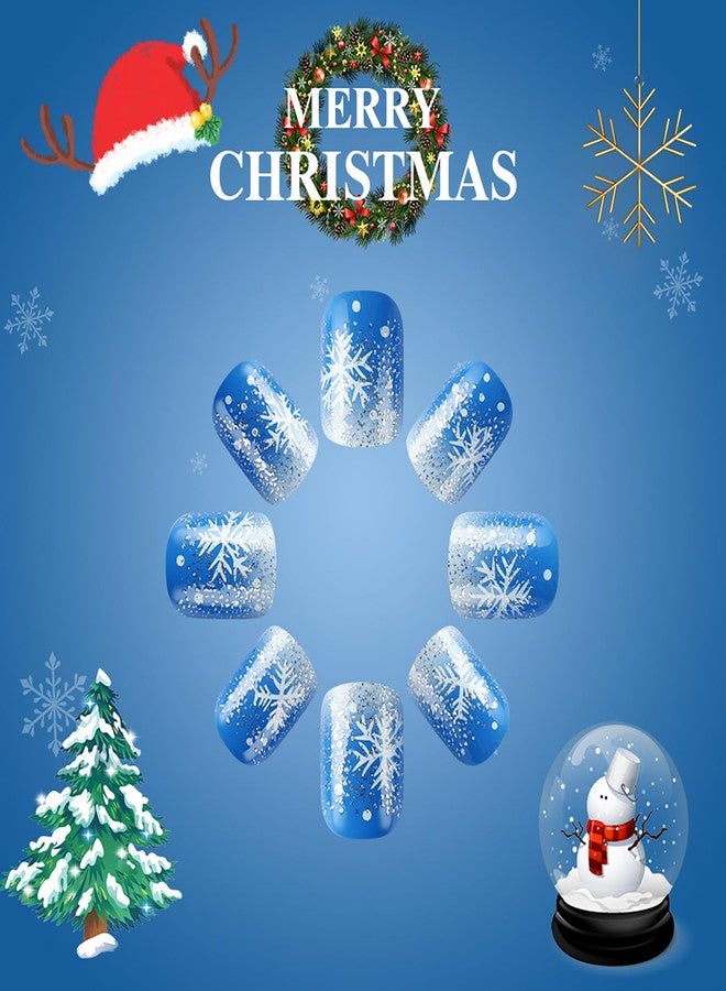 TBRZTR Blue Christmas Press on Nails Short Square Snowflake Acrylic Nails Glitter Powder Sequins Design Aritificial Xmas False Nails Full Cover Gradirent Coffin Nails Glossy Glue on Nails for Women - Image 3