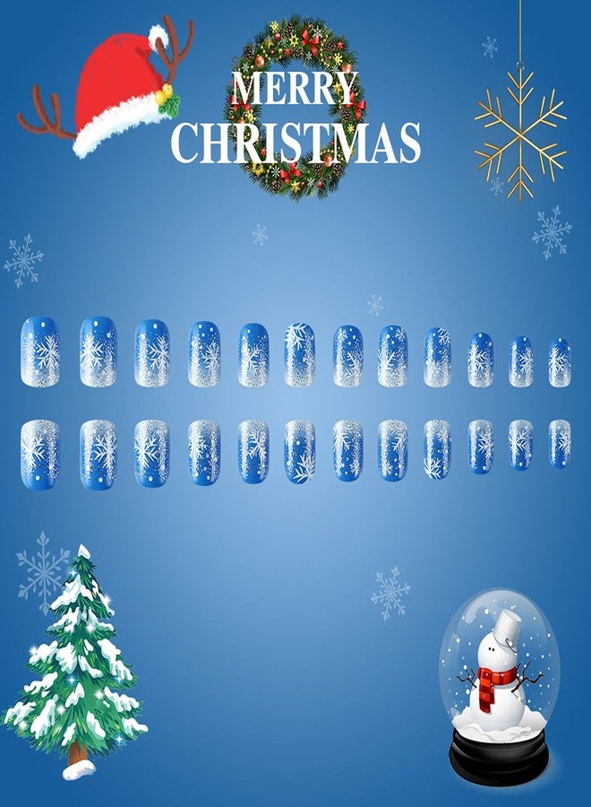 TBRZTR Blue Christmas Press on Nails Short Square Snowflake Acrylic Nails Glitter Powder Sequins Design Aritificial Xmas False Nails Full Cover Gradirent Coffin Nails Glossy Glue on Nails for Women - Image 2