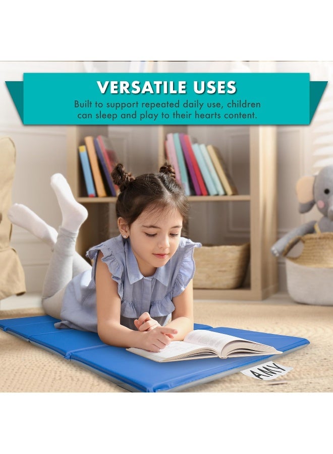 ProSource حصيرة راحة الأطفال القابلة للطي من برو سورس، بسماكة 1 بوصة، حصائر نوم للأطفال، حصيرة فوم للراحة، 45 بوصة - أزرق/رمادي - Image 4