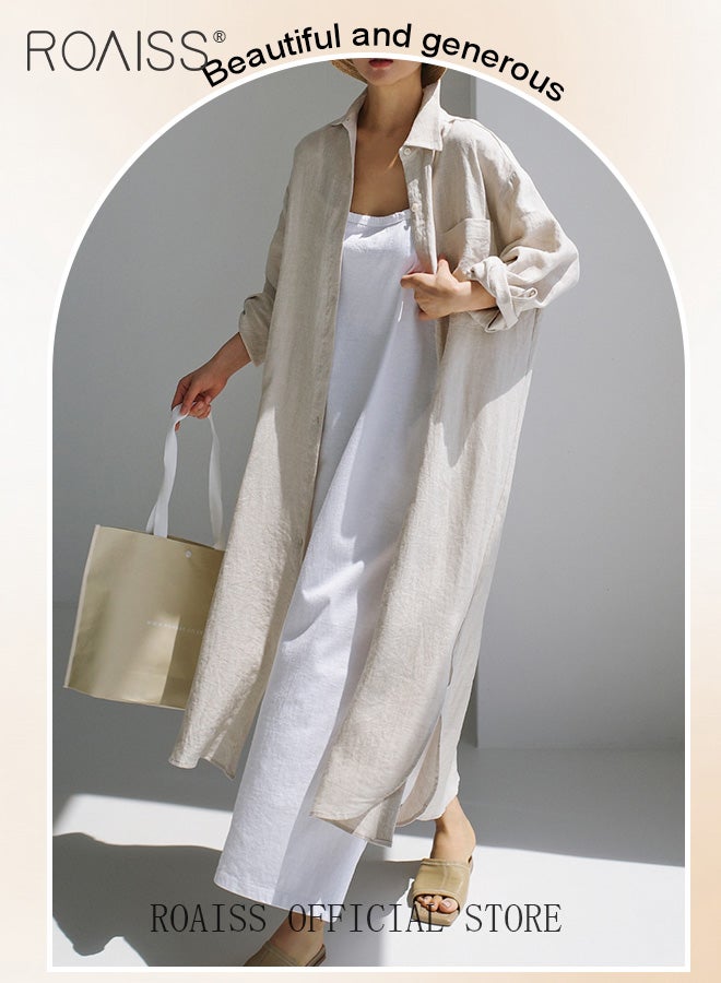 roaiss Women Cotton Linen Long Shirt Dress Stand Collar Design for a Fresh and Professional Look Loose Fit to Enhance the Figure Solid Color with High Side Slit Design for a Polished and Non-dull Appearance  - Image 5