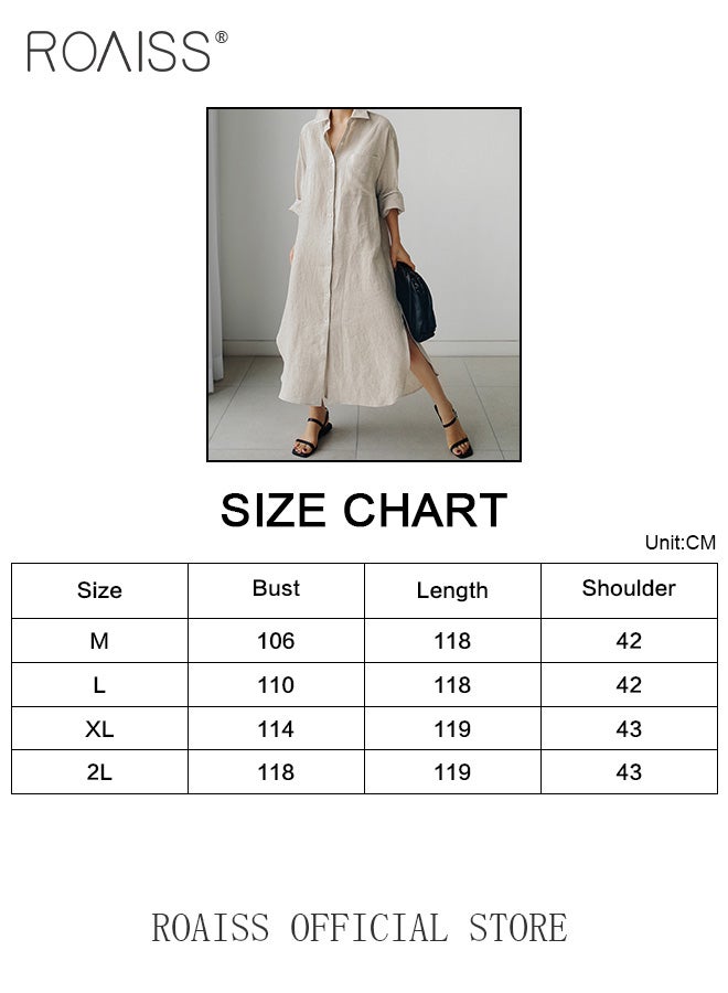 Women Cotton Linen Long Shirt Dress Stand Collar Design for a Fresh and Professional Look Loose Fit to Enhance the Figure Solid Color with High Side Slit Design for a Polished and Non-dull Appearance