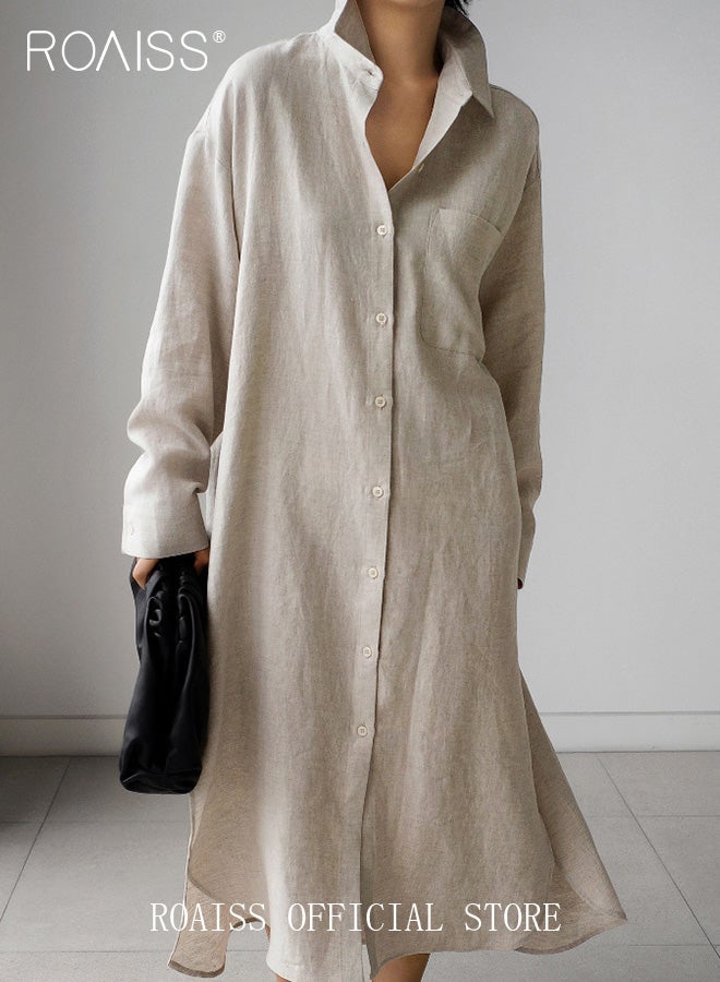 roaiss Women Cotton Linen Long Shirt Dress Stand Collar Design for a Fresh and Professional Look Loose Fit to Enhance the Figure Solid Color with High Side Slit Design for a Polished and Non-dull Appearance  - Image 1