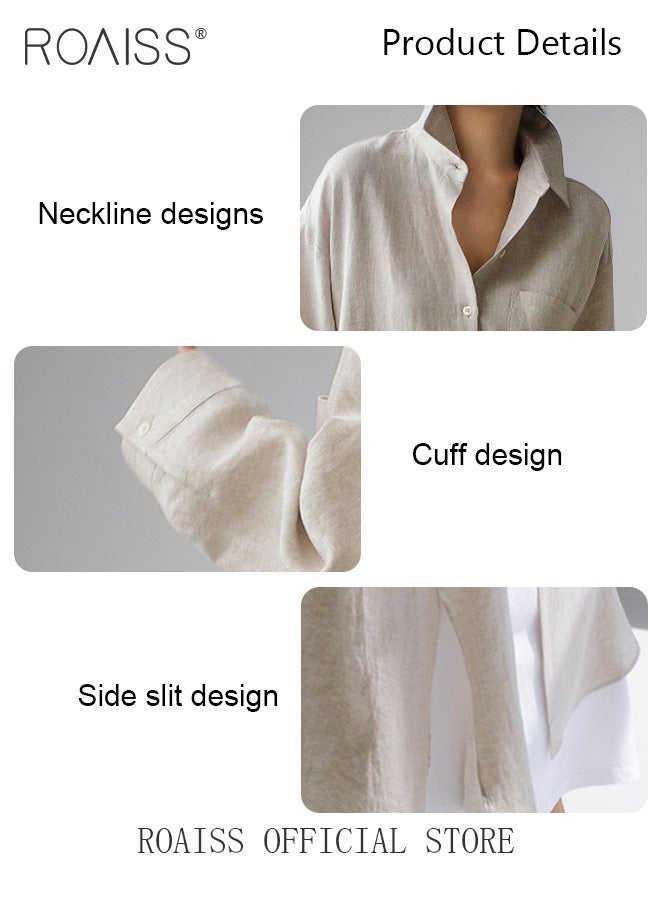 Women Cotton Linen Long Shirt Dress Stand Collar Design for a Fresh and Professional Look Loose Fit to Enhance the Figure Solid Color with High Side Slit Design for a Polished and Non-dull Appearance