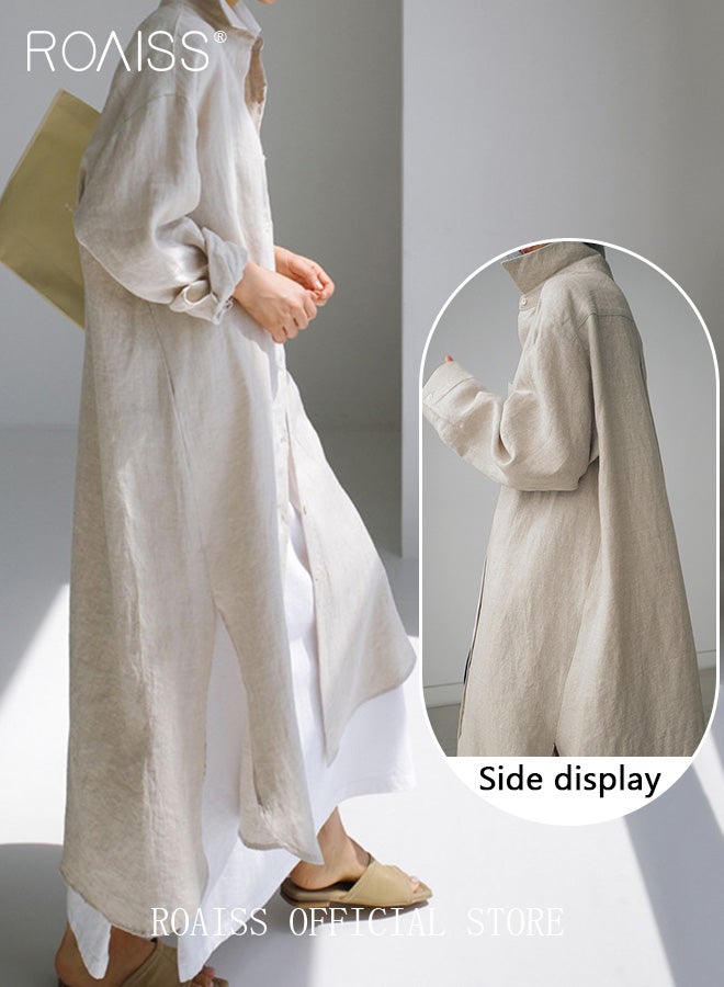 roaiss Women Cotton Linen Long Shirt Dress Stand Collar Design for a Fresh and Professional Look Loose Fit to Enhance the Figure Solid Color with High Side Slit Design for a Polished and Non-dull Appearance  - Image 4