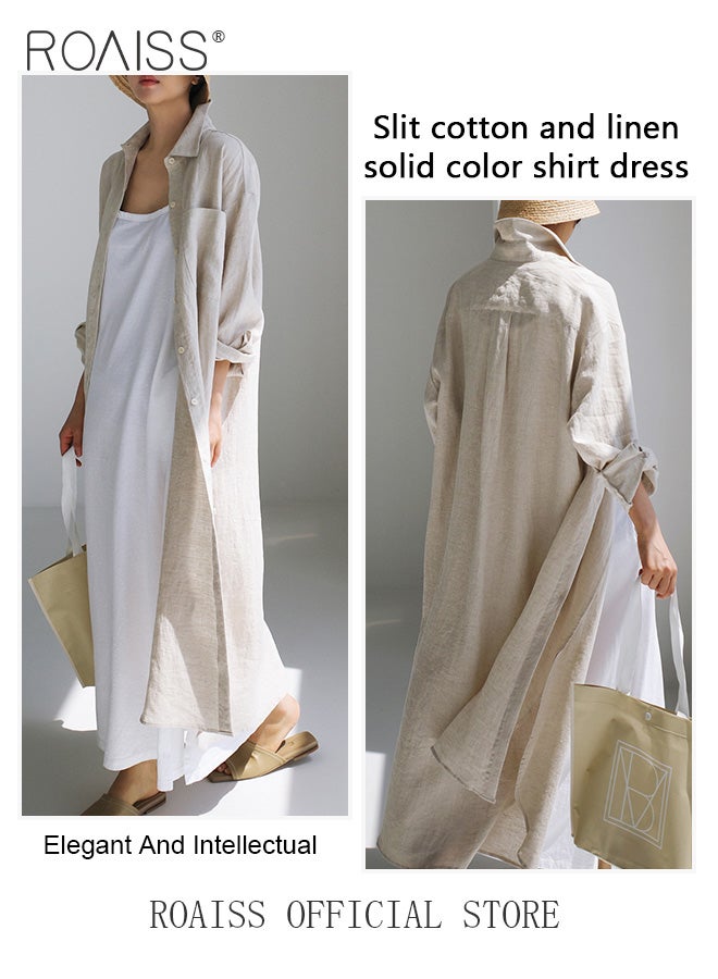 roaiss Women Cotton Linen Long Shirt Dress Stand Collar Design for a Fresh and Professional Look Loose Fit to Enhance the Figure Solid Color with High Side Slit Design for a Polished and Non-dull Appearance  - Image 3