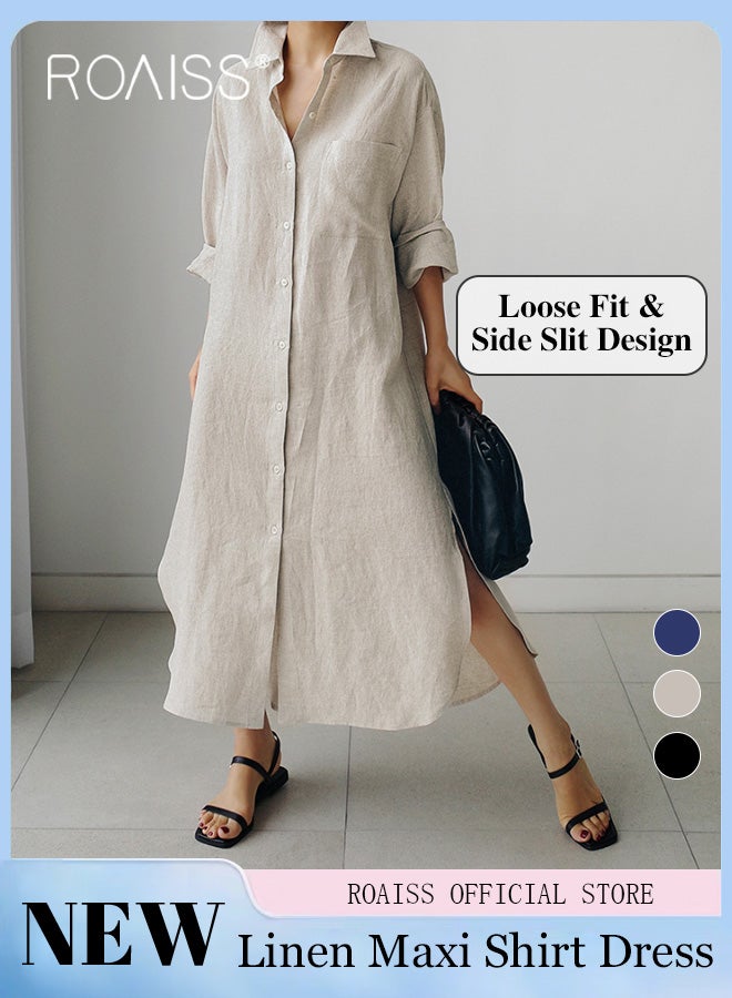 roaiss Women Cotton Linen Long Shirt Dress Stand Collar Design for a Fresh and Professional Look Loose Fit to Enhance the Figure Solid Color with High Side Slit Design for a Polished and Non-dull Appearance  - Image 2