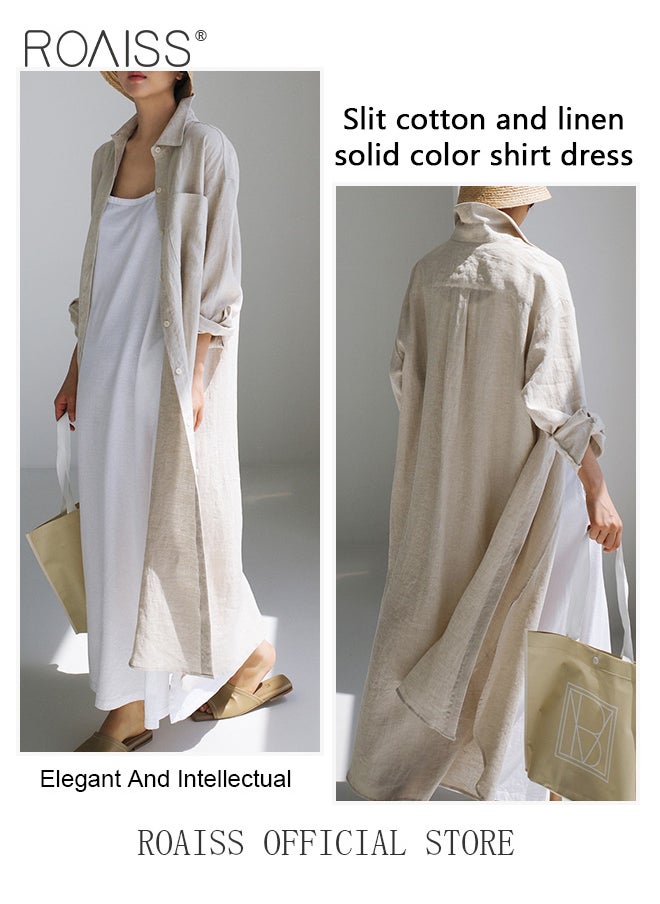 Women Cotton Linen Long Shirt Dress Stand Collar Design for a Fresh and Professional Look Loose Fit to Enhance the Figure Solid Color with High Side Slit Design for a Polished and Non-dull Appearance - pzsku/Z70CAC913E8FF1C54D395Z/45/_/1706173322/fedb3fe9-2690-42de-9960-128903046118