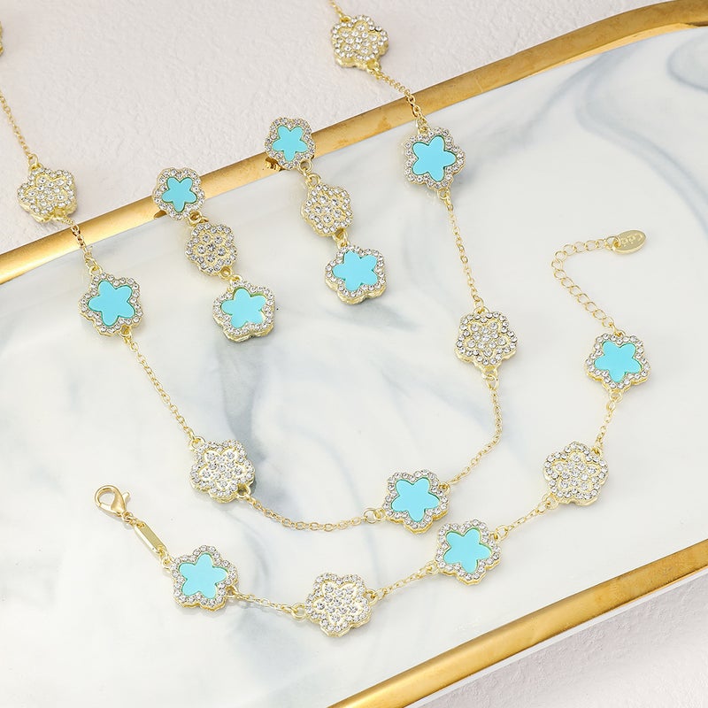 Generic Cross-Border Double-Sided Four-Leaf Clover Necklace Luxurious Fashionable Fresh Sweet Floral Pendant Lockbone Chain Necklace For Emerald Four-leaf Clover 