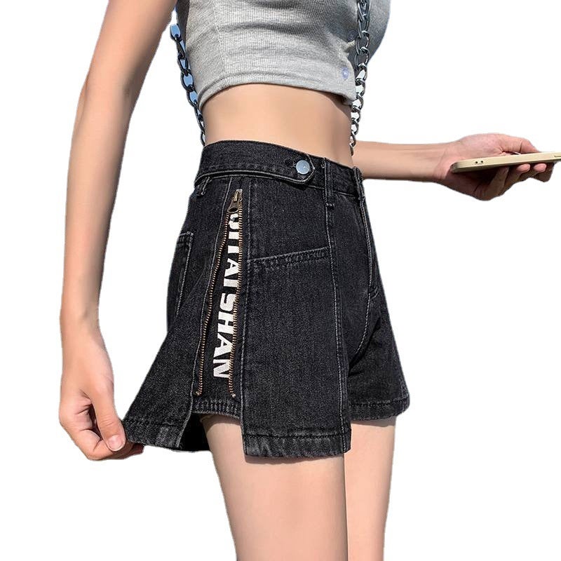 Women's High-Waist Loose Denim Shorts with Side Zipper and Letter Print - Image 5