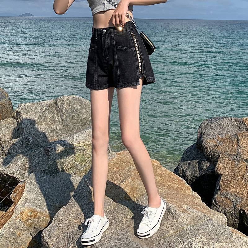Women's High-Waist Loose Denim Shorts with Side Zipper and Letter Print - Image 1