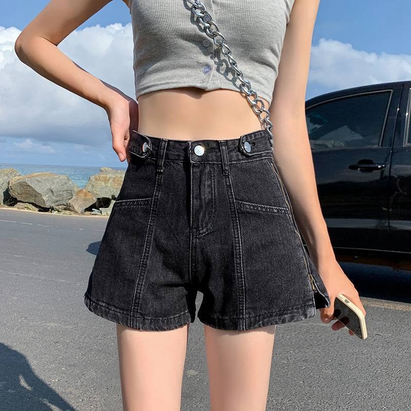 Women's High-Waist Loose Denim Shorts with Side Zipper and Letter Print - Image 4