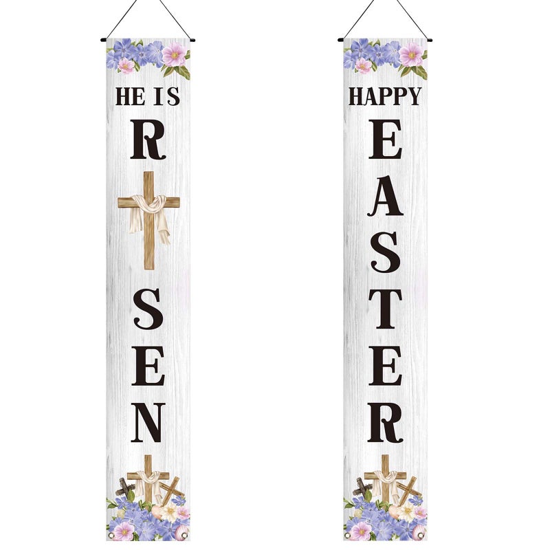 Jiudungs Easter Decorations Outdoor Happy Easter&He is Risen Porch Sign Banner Religious Easter Resurrection Scene Deocrations and Supplies for Home Classroom Office - Image 2
