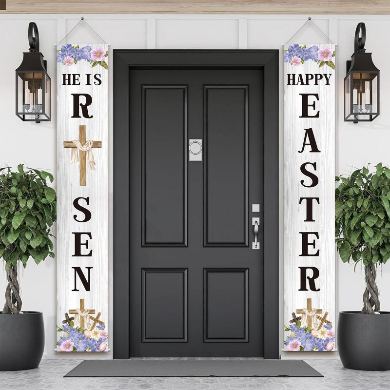 Jiudungs Easter Decorations Outdoor Happy Easter&He is Risen Porch Sign Banner Religious Easter Resurrection Scene Deocrations and Supplies for Home Classroom Office - Image 4