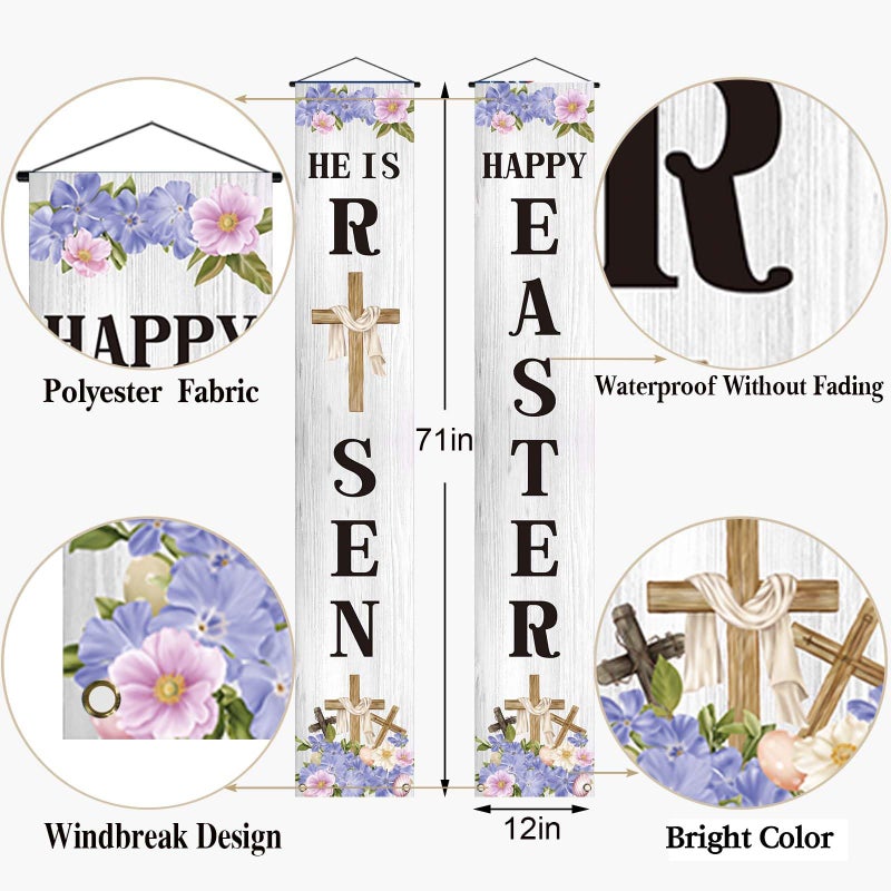 Jiudungs Easter Decorations Outdoor Happy Easter&He is Risen Porch Sign Banner Religious Easter Resurrection Scene Deocrations and Supplies for Home Classroom Office - Image 3