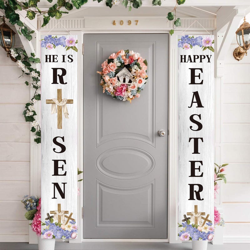 Jiudungs Easter Decorations Outdoor Happy Easter&He is Risen Porch Sign Banner Religious Easter Resurrection Scene Deocrations and Supplies for Home Classroom Office - Image 1