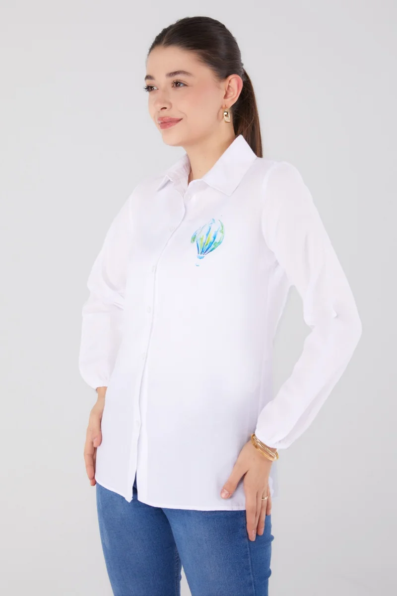 Tofisa Plain Shirt Collar Women's White Printed Shirt - 13341