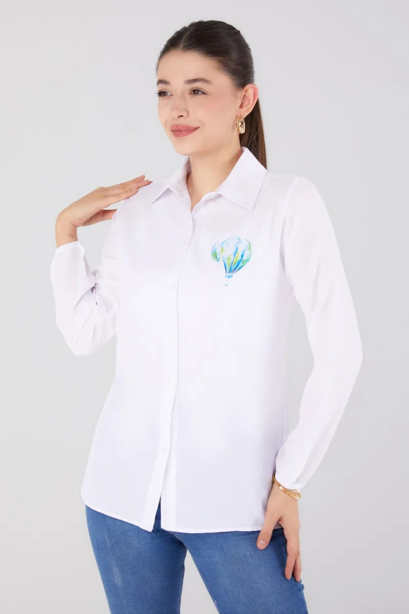 Tofisa Plain Shirt Collar Women's White Printed Shirt - 13341