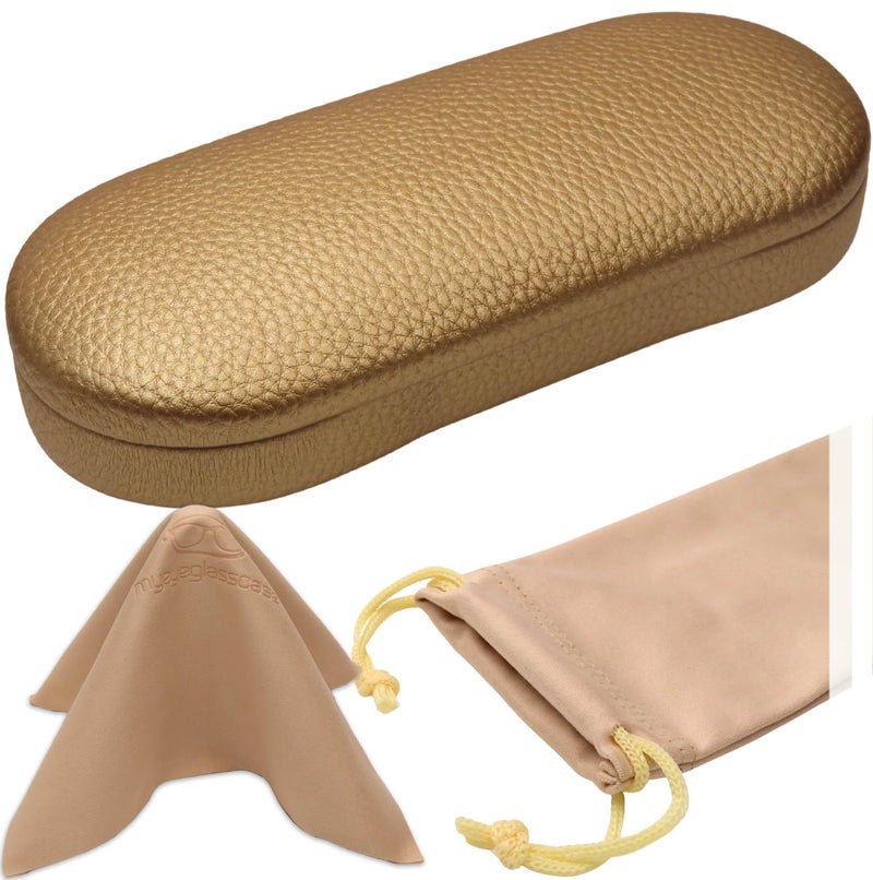 MyEyeglassCase MyEyeglassCase - Medium Glasses Case - Premium Leather Like Hard Shell Eyeglass Case with Microfiber Pouch & Cleaning Cloth - Small Sunglasses Holder for Men & Women (AS166L Gold)  - Image 1
