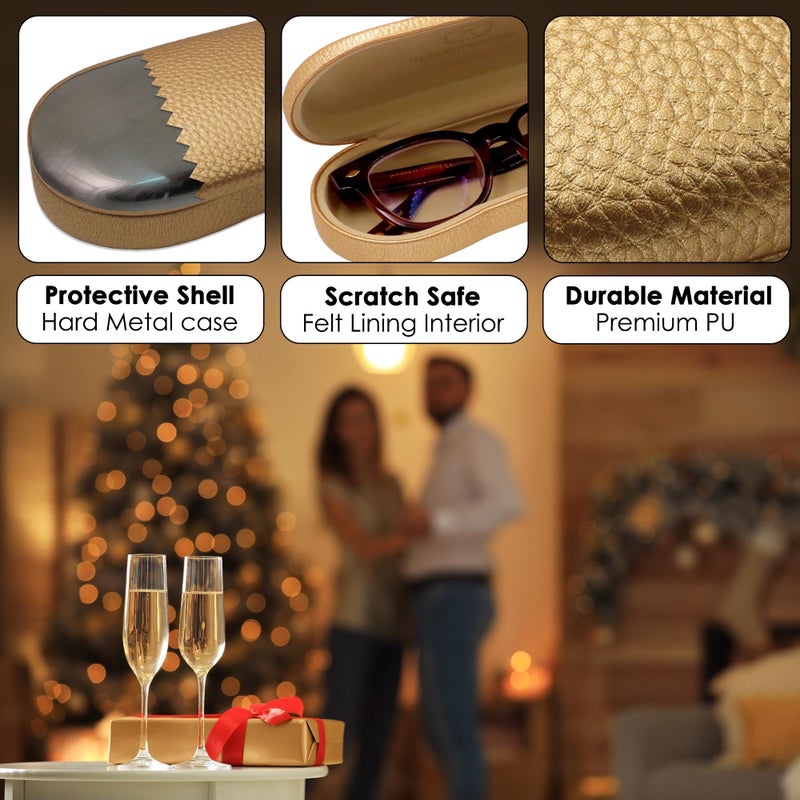 MyEyeglassCase MyEyeglassCase - Medium Glasses Case - Premium Leather Like Hard Shell Eyeglass Case with Microfiber Pouch & Cleaning Cloth - Small Sunglasses Holder for Men & Women (AS166L Gold)  - Image 3