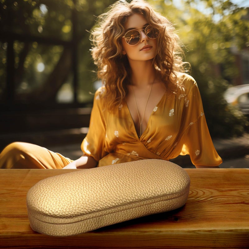 MyEyeglassCase MyEyeglassCase - Medium Glasses Case - Premium Leather Like Hard Shell Eyeglass Case with Microfiber Pouch & Cleaning Cloth - Small Sunglasses Holder for Men & Women (AS166L Gold)  - Image 2