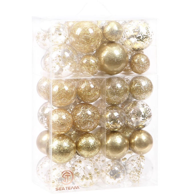 MULTISIZE SHATTERPROOF CLEAR PLASTIC CHRISTMAS TREE BALL ORNAMENTS SET DECORATIVE HANGING TRANSPARENT XMAS BAUBLES WITH STUFFED DELICATE DECORATIONS 48 COUNTS GOLD
