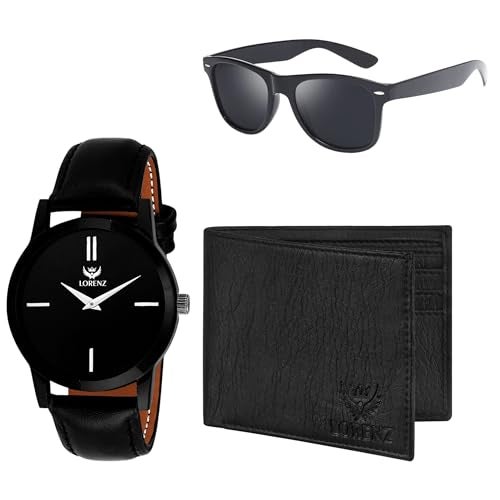 LORENZ Mens Gift Box Combo Set of Black Watch, Wallet & Sunglasses - Image 1