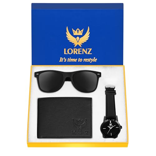 LORENZ Mens Gift Box Combo Set of Black Watch, Wallet & Sunglasses - Image 2