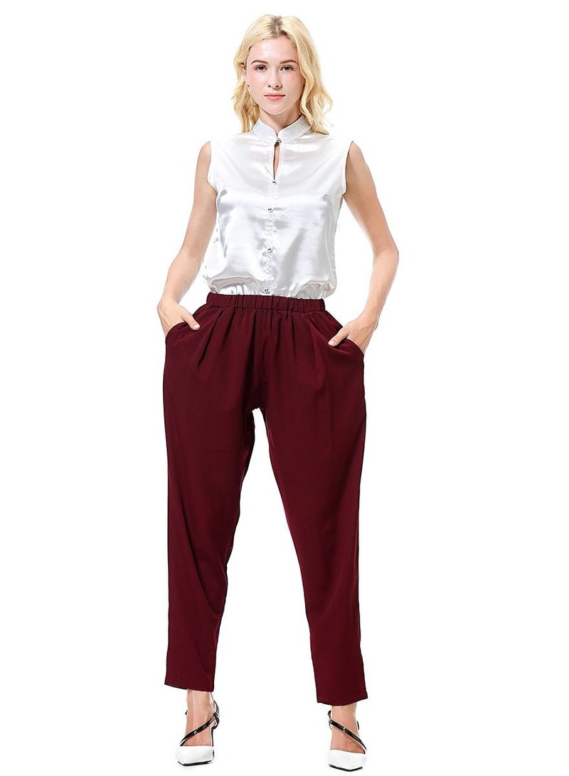 Loquat Women's Solid Color Elastic Waistband Harem Pants Comforty Loose Casual Pants Wine Red  - Image 1
