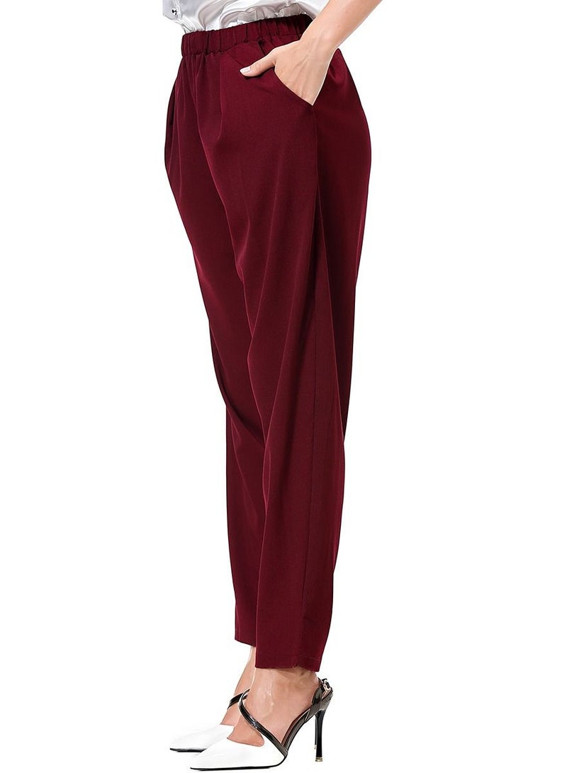 Loquat Women's Solid Color Elastic Waistband Harem Pants Comforty Loose Casual Pants Wine Red  - Image 2