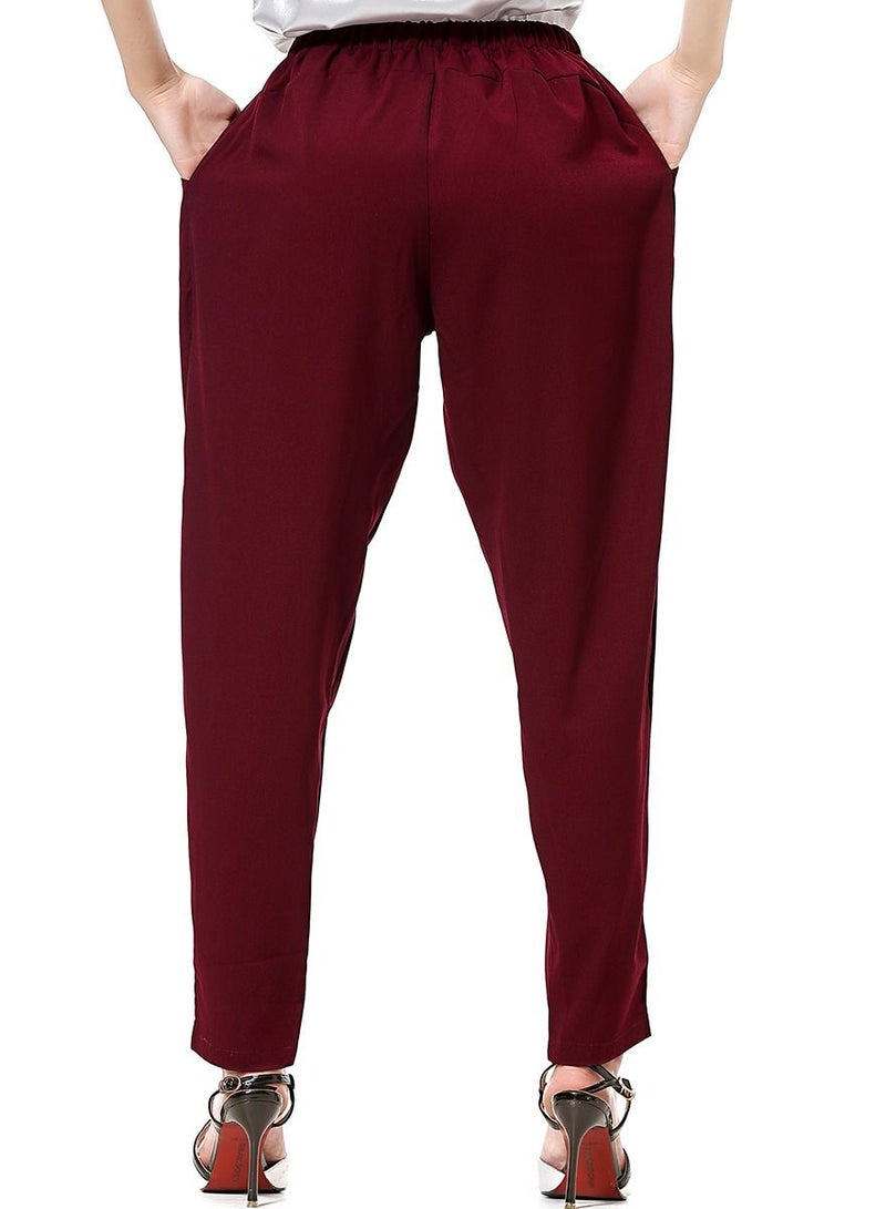 Loquat Women's Solid Color Elastic Waistband Harem Pants Comforty Loose Casual Pants Wine Red  - Image 3