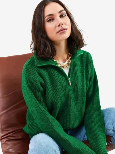 Bianco Lucci LUCCI Oversized Textured Knit Sweater with Zipper Collar