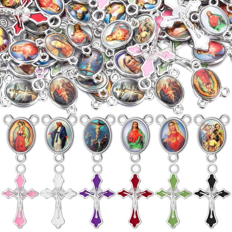 Trnayi 200 Pcs Rosary Making Kits Supplies Cross and Center Medal Charm Alloy Picture Religious Charms Crucifix Pendant for DIY Jewelry Making Prayer Bracelet Necklace Earring (Classic) - Image 1