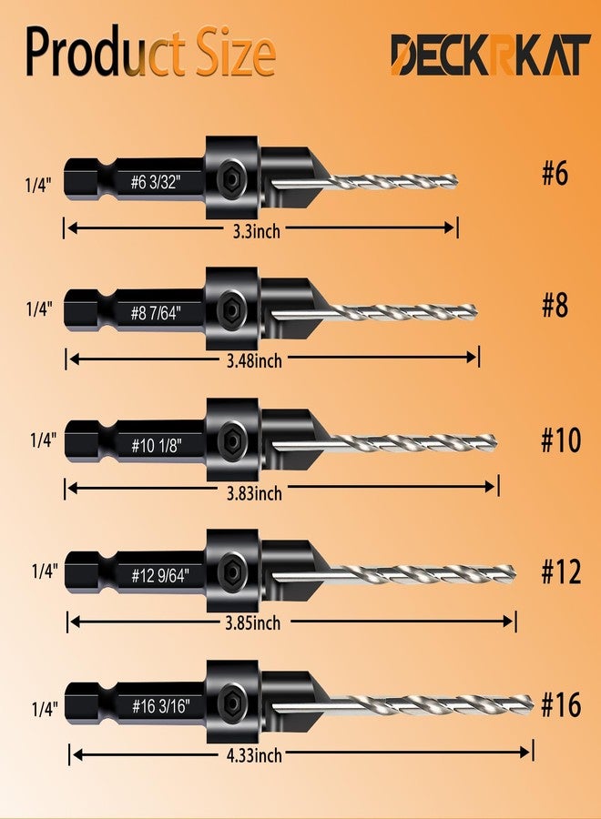 DECKRKAT 12-Piece Countersink Drill Bit Set - 3-in-1 Wood Counterbore Kit for #6#8#10#12#16 Screws | 82° Chamfer, Depth Adjustable | 5 Spare Bits,2 Limit Rings,Hex Key,Case. - Image 2