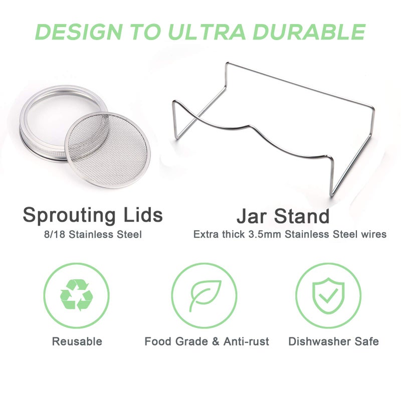 HASWE Sprouting Jar Kit-2 Wide Mouth Quart Mason Jars with 316 Stainless Steel Screen Sprout Lids, Drip Tray, Stand | Seed Sprouter Set for Growing Broccoli, Alfalfa, Mung Bean - Image 5