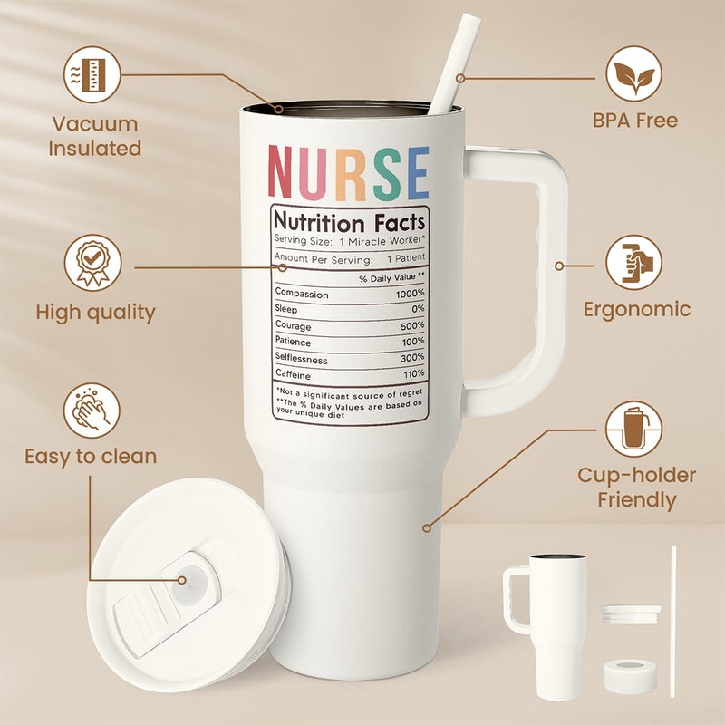 SANDJEST Nurse Tumbler with Handle 40oz  Stainless Steel Tumblers Coffee Travel Mug Cups with Straw  Nurse Appreciation Gifts for Women Female Nurses  Nursing Gift for Birthday Christmas Nurse Week - Image 2