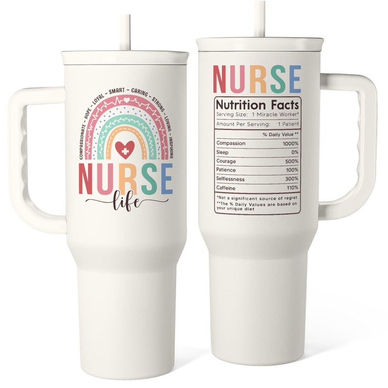 SANDJEST Nurse Tumbler with Handle 40oz  Stainless Steel Tumblers Coffee Travel Mug Cups with Straw  Nurse Appreciation Gifts for Women Female Nurses  Nursing Gift for Birthday Christmas Nurse Week - Image 1