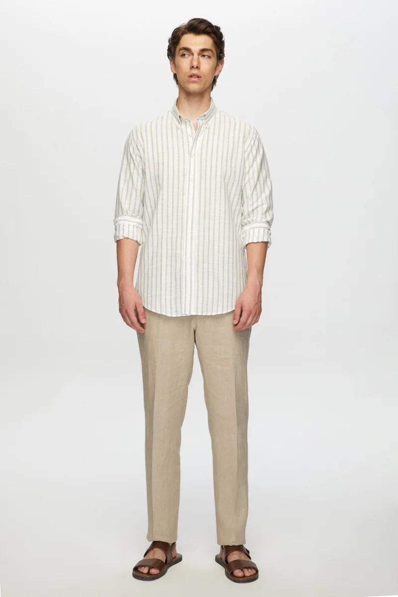 D'S DAMAT Slim Fit Green Striped Button-Down Collar 100% Cotton Flamed Summer Linen Look Shirt 0HC02ORT06265