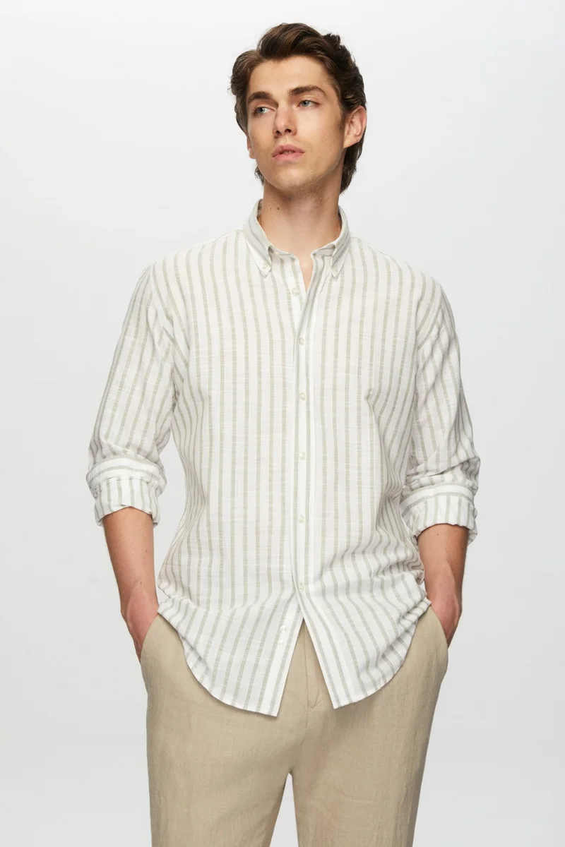 D'S DAMAT Slim Fit Green Striped Button-Down Collar 100% Cotton Flamed Summer Linen Look Shirt 0HC02ORT06265
