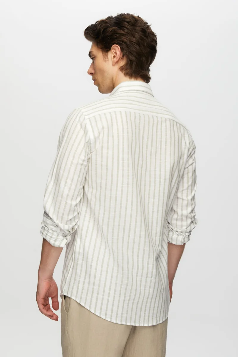 D'S DAMAT Slim Fit Green Striped Button-Down Collar 100% Cotton Flamed Summer Linen Look Shirt 0HC02ORT06265