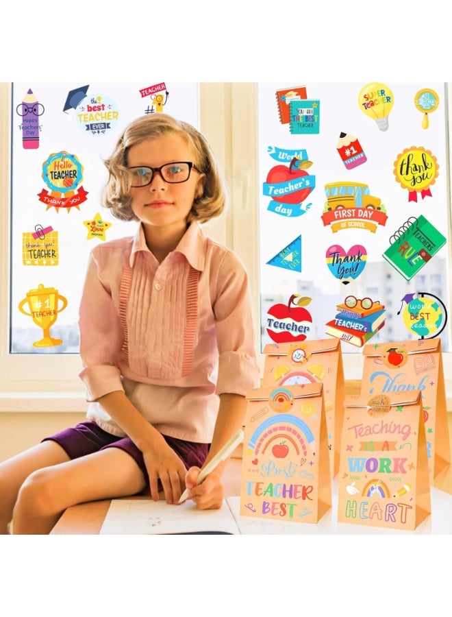 Teacher Appreciation Gift Bags, Goodie Bag for Back to Shcool, Kraft Paper Candy Favor Bags with Thank You Stickers, Classroom Party Supplies for Teacher Appreciation, School Staff Gifts (12pcs) - Image 5