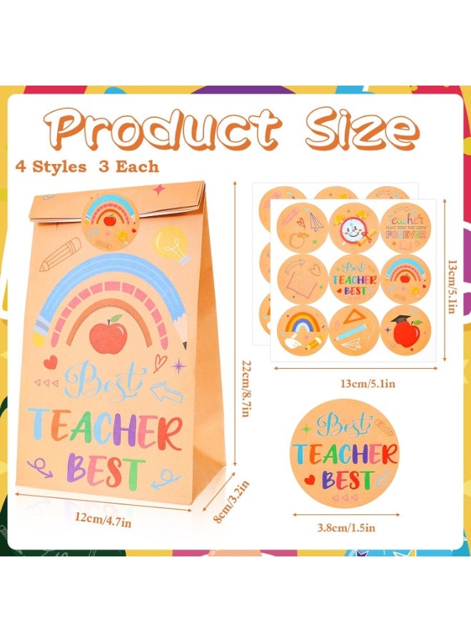 Teacher Appreciation Gift Bags, Goodie Bag for Back to Shcool, Kraft Paper Candy Favor Bags with Thank You Stickers, Classroom Party Supplies for Teacher Appreciation, School Staff Gifts (12pcs) - Image 3
