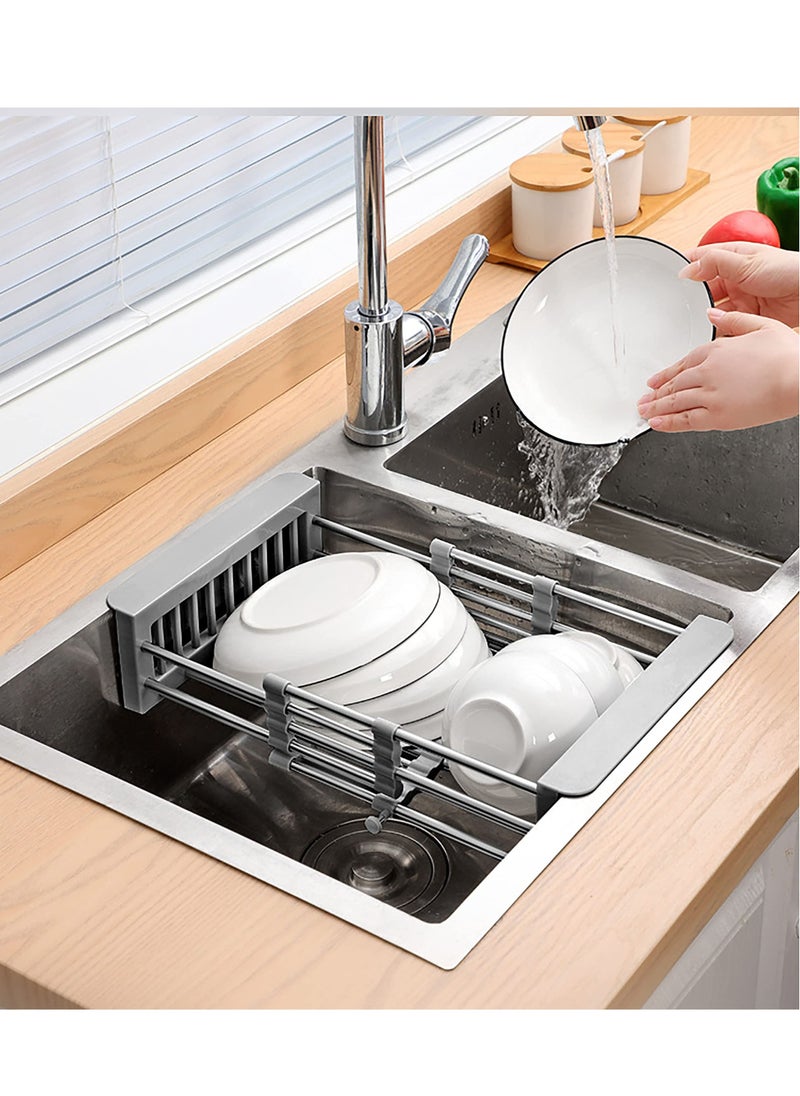 Retractable Stainless Steel Kitchen Dish Drying Rack, Sink Draining Basket, Fruit and Dish Rack, Dish Washing Basket, Draining Bowl Rack, Shelf