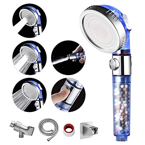 MIAOHUI Blue Zenbody Shower Head with Filter Beads, 3 Modes Showerhead with On Off Switch, Handheld Eco Water Spa Shower Head with Hose, Adjustable Bracket, Self-adhesive Holder - Image 1