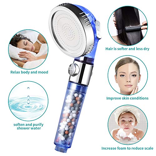 MIAOHUI Blue Zenbody Shower Head with Filter Beads, 3 Modes Showerhead with On Off Switch, Handheld Eco Water Spa Shower Head with Hose, Adjustable Bracket, Self-adhesive Holder - Image 2