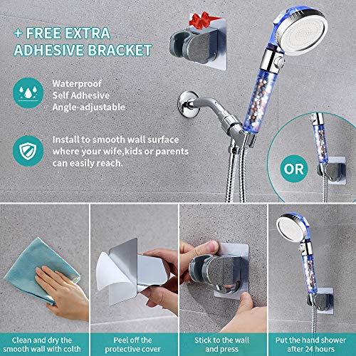 MIAOHUI Blue Zenbody Shower Head with Filter Beads, 3 Modes Showerhead with On Off Switch, Handheld Eco Water Spa Shower Head with Hose, Adjustable Bracket, Self-adhesive Holder - Image 4