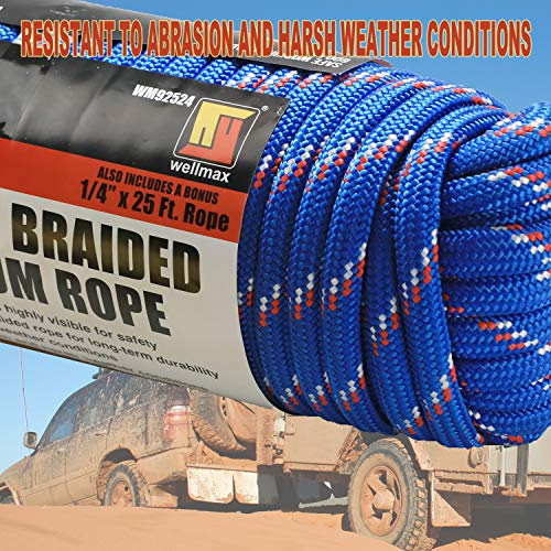 Wellmax Diamond Braid Nylon Rope, 1/2in X 100FT with Bonus 1/4in x25FT Cord UV Resistant, High Strength and Weather Resistant - Image 5