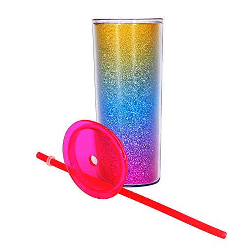 Home Tune Rainbow Tumbler with Straw, Sand Flow Glitter Double Wall Acrylic Cup Tumbler, 21 oz / 640ml (Pink) - Image 3