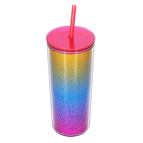 Home Tune Rainbow Tumbler with Straw, Sand Flow Glitter Double Wall Acrylic Cup Tumbler, 21 oz / 640ml (Pink) - Image 2