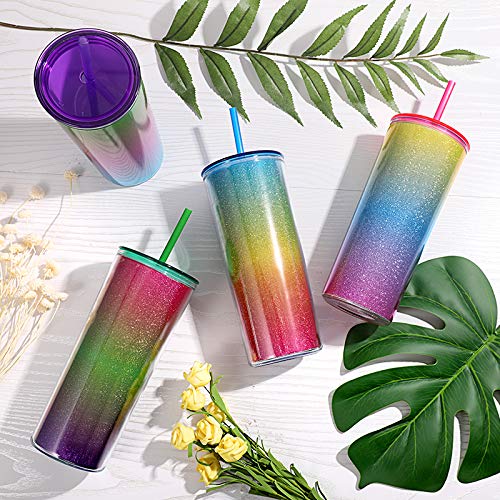 Home Tune Rainbow Tumbler with Straw, Sand Flow Glitter Double Wall Acrylic Cup Tumbler, 21 oz / 640ml (Pink) - Image 5