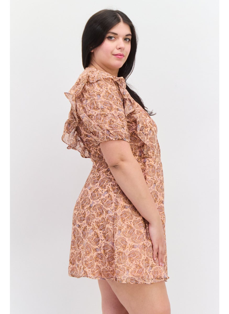 Violet Romance - Women Allover Print Mini Wrap Dress, Peach Combo - Image 1